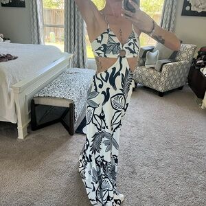 Blue & White Tropical Cutout Maxi Dress